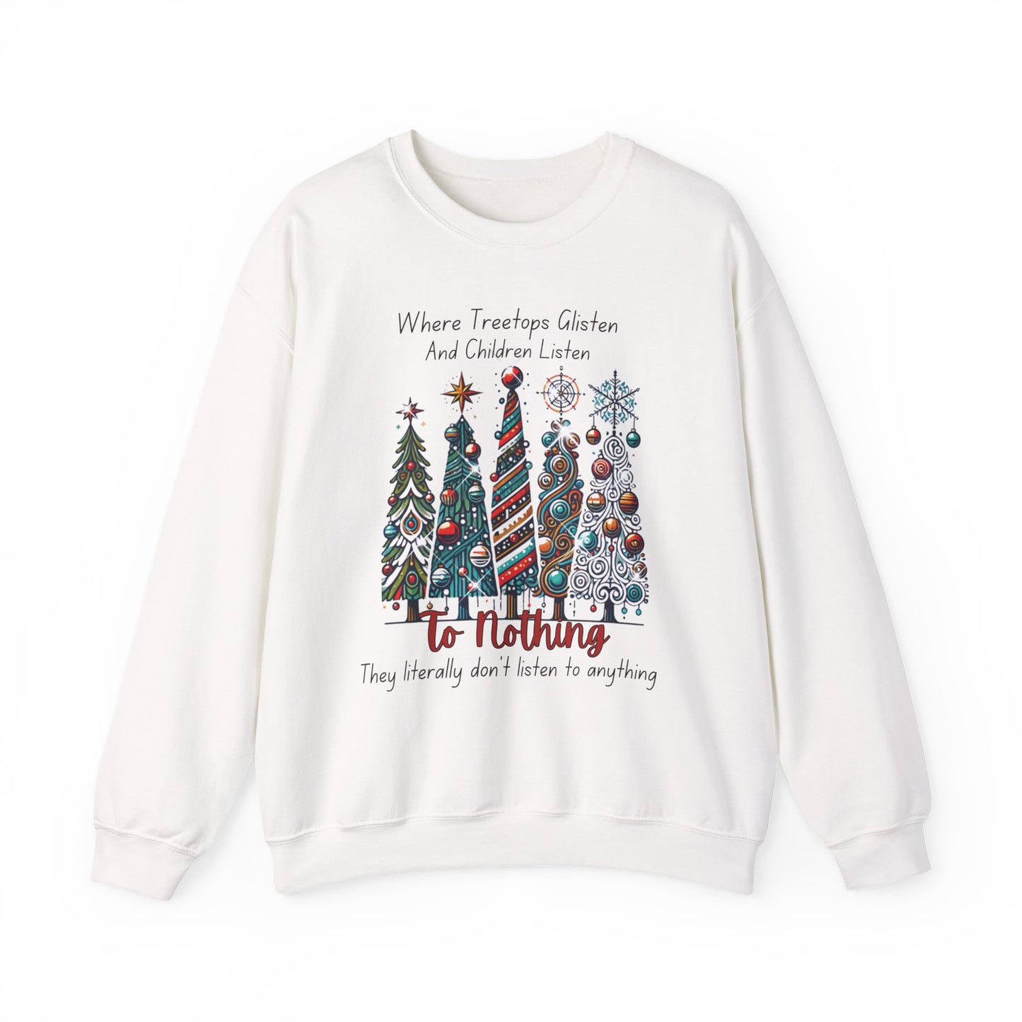 Christmas Tree Rows Crewneck Sweatshirt — “Where Treetops Glisten…To Nothing” Holiday Sweatshirt