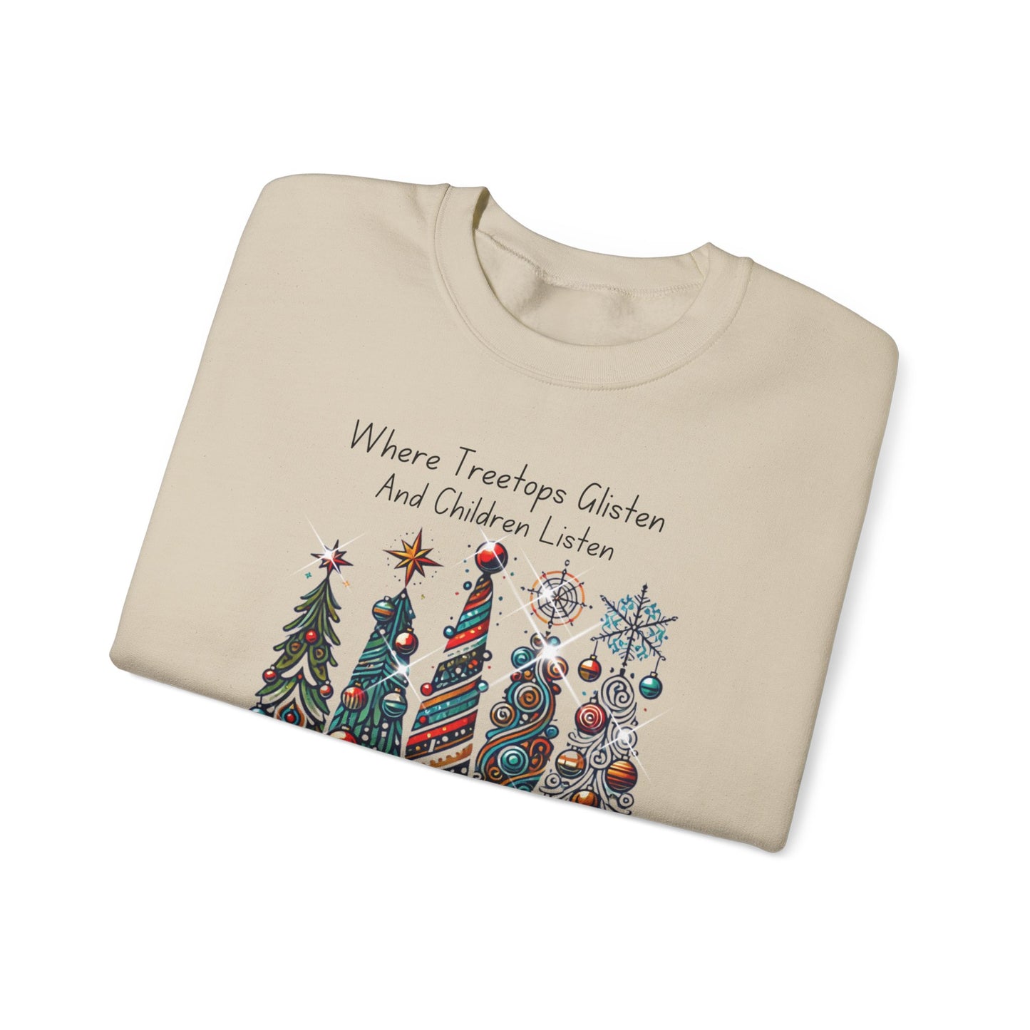 Christmas Tree Rows Crewneck Sweatshirt — “Where Treetops Glisten…To Nothing” Holiday Sweatshirt