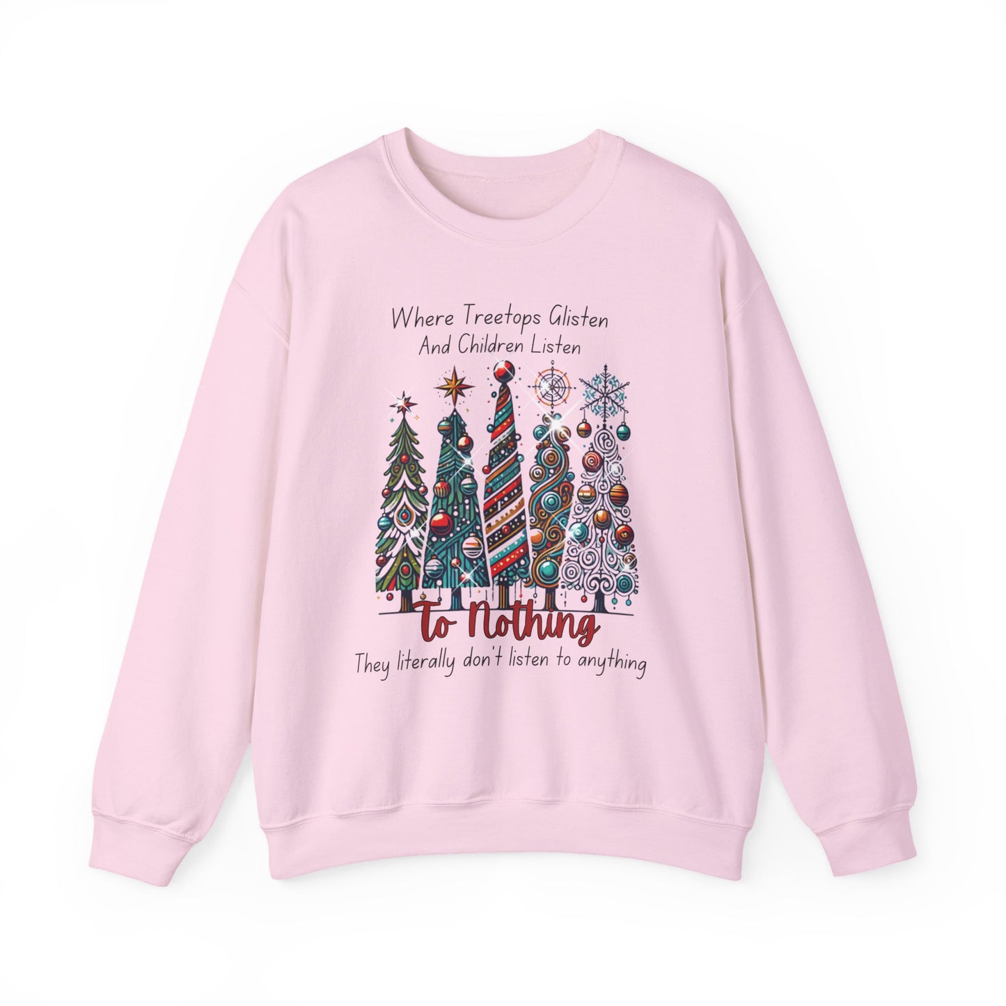 Christmas Tree Rows Crewneck Sweatshirt — “Where Treetops Glisten…To Nothing” Holiday Sweatshirt