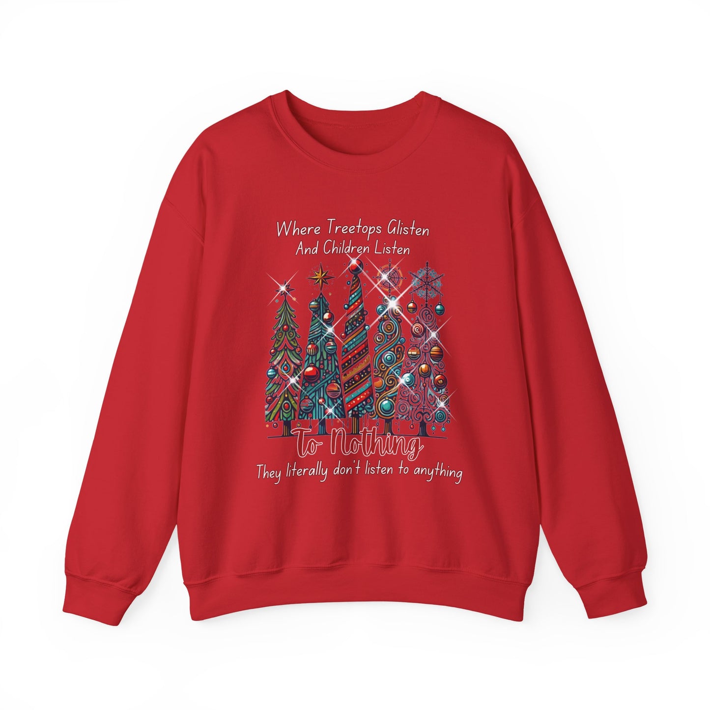 Christmas Tree Rows Crewneck Sweatshirt — “Where Treetops Glisten…To Nothing” Holiday Sweatshirt