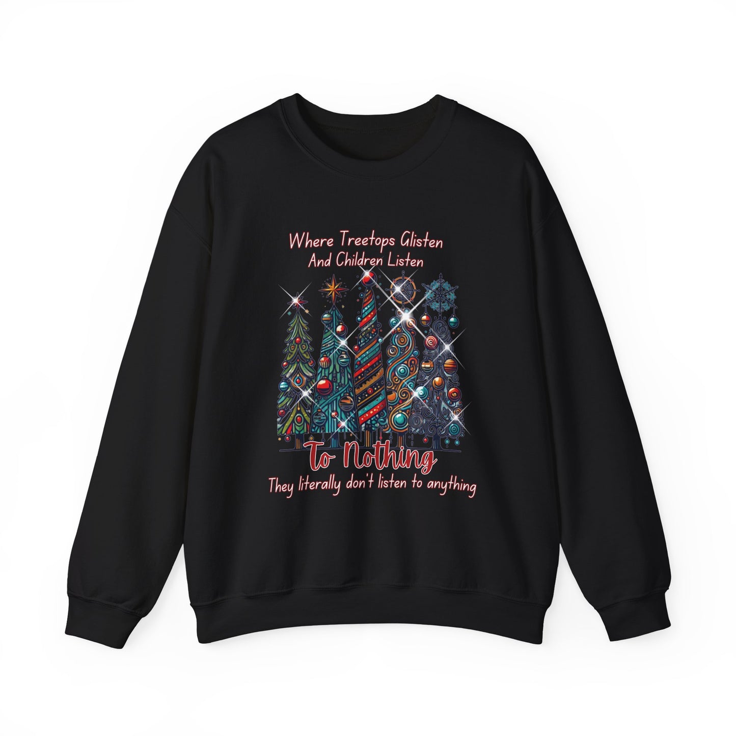 Christmas Tree Rows Crewneck Sweatshirt — “Where Treetops Glisten…To Nothing” Holiday Sweatshirt